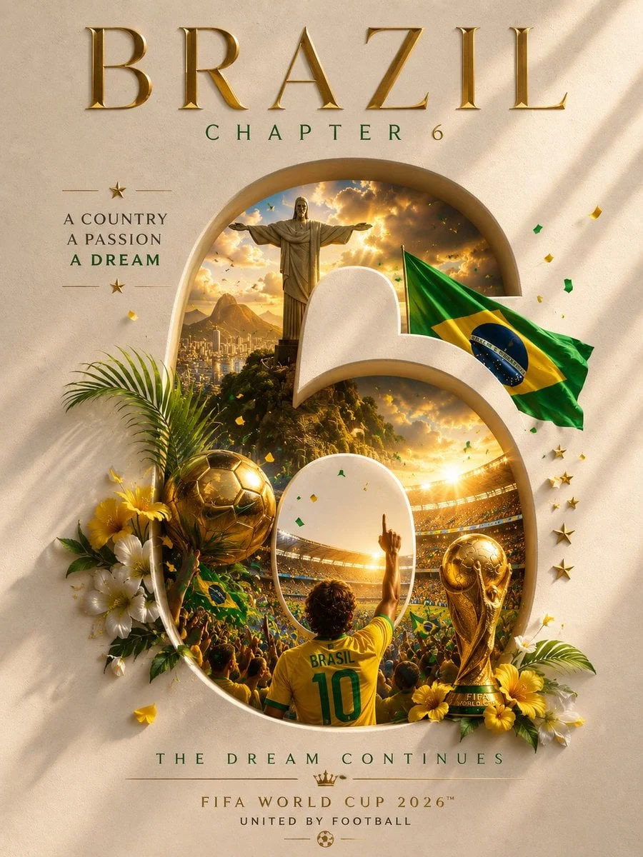 World Cup trophy poster with country color ribbons